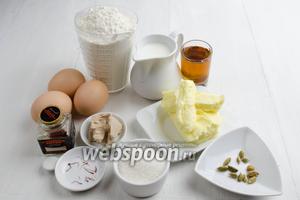 Чтобы приготовить тесто для куличей, нужно взять молоко, дрожжи, сахар, яйца, муку, масло, соль, кардамон, шафран, коньяк.