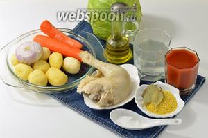 Для работы нам понадобится куриный бульон и варёный окорочок из бульона, свежая капуста, картофель, лук, морковь, томатный сок, рис, лавровый лист, соль, подсолнечное масло.