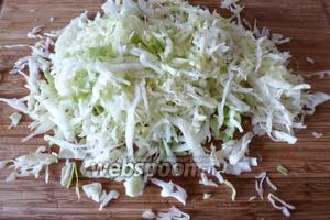 Молодую и сочную капусту (200 г) нашинкуем потоньше, посыплем сахаром (1 щепотка), перцем (1 щепотка) и немного помнём пальцами.