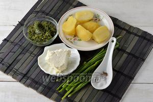 Для начинки нам понадобится картофель, творог, укроп (у меня замороженный), зелёный лук, соль, перец.