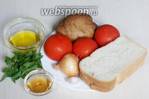 Для приготовления блюда «Гренки с овощами» потребуются белый хлеб, картофель, томаты, лук, зубчик чеснока, базилик, оливковое масло, уксус и соль.