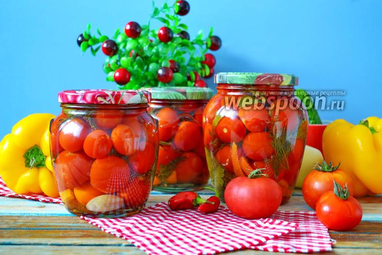 Фото Маринованные помидоры черри с болгарским перцем и ботвой на зиму