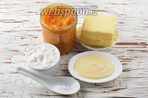 Для работы нам понадобится варенье из мандаринов с кожурой, мука, сливочное масло, домашний майонез, сода.