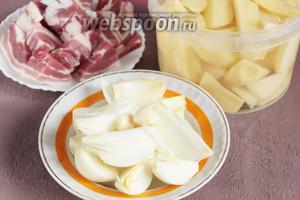 Очистить и промыть картофель (1200 г) и лук репчатый (300 г), порезать их на удобные кусочки, очистить и промыть чеснок (1 головку). Промыть и порезать на удобные кусочки свиную мякоть (500 г).