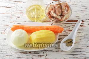 Для работы нам понадобится картофель, морковь, репчатый лук, подсолнечное масло, соль, свинина тушёная в консервах, лавровый лист, вода.