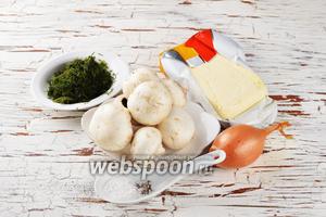 Для работы нам понадобятся шампиньоны, репчатый лук, сливочное масло, свежий укроп (у меня замороженный), соль, чёрный молотый перец.