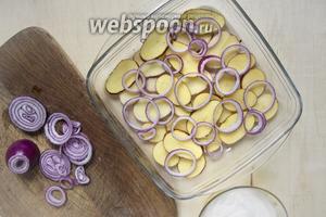 При желании смазать форму для запекания маслом. Выложить первый слой картофель, а сверху — лук.