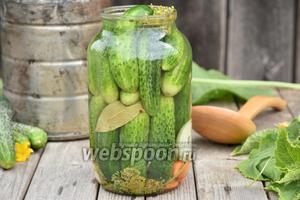 Двукратно залить банки с огурцами обычной кипящей водой и оставить до полного остывания. Воду слить. На третий раз подготовить маринад, вскипятив 3 литра воды с солью (4 ст. л.) и сахаром (8 ст. л.), в конце добавить уксус 70% (3 ст. л.) и отключить плиту. Разлить маринад по банкам. Закатать крышками. Банки перевернуть и накрыть одеялом до полного остывания.