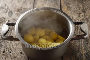 Предварительно приготовить начинку. Для этого очищенный картофель 700 г отварить до готовности с добавлением соли 1 ч. л. Воду слить.