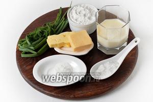 Для работы нам понадобится твёрдый сыр, мука, сливочное масло, разрыхлитель, соль, молоко, пшеничная мука, зелёный лук, укроп.